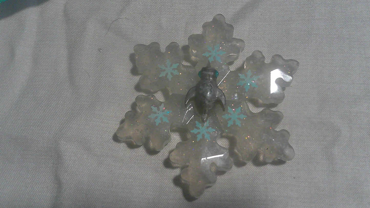 Handmade Resin Snowflake Ornament with Penguin